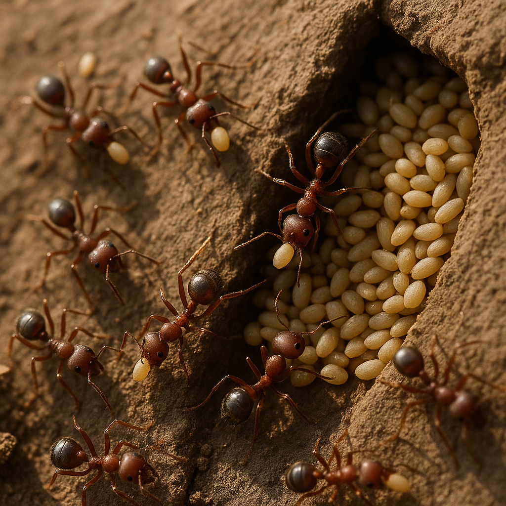 Ants working together to gather and store food, representing biblical principles of saving and preparation