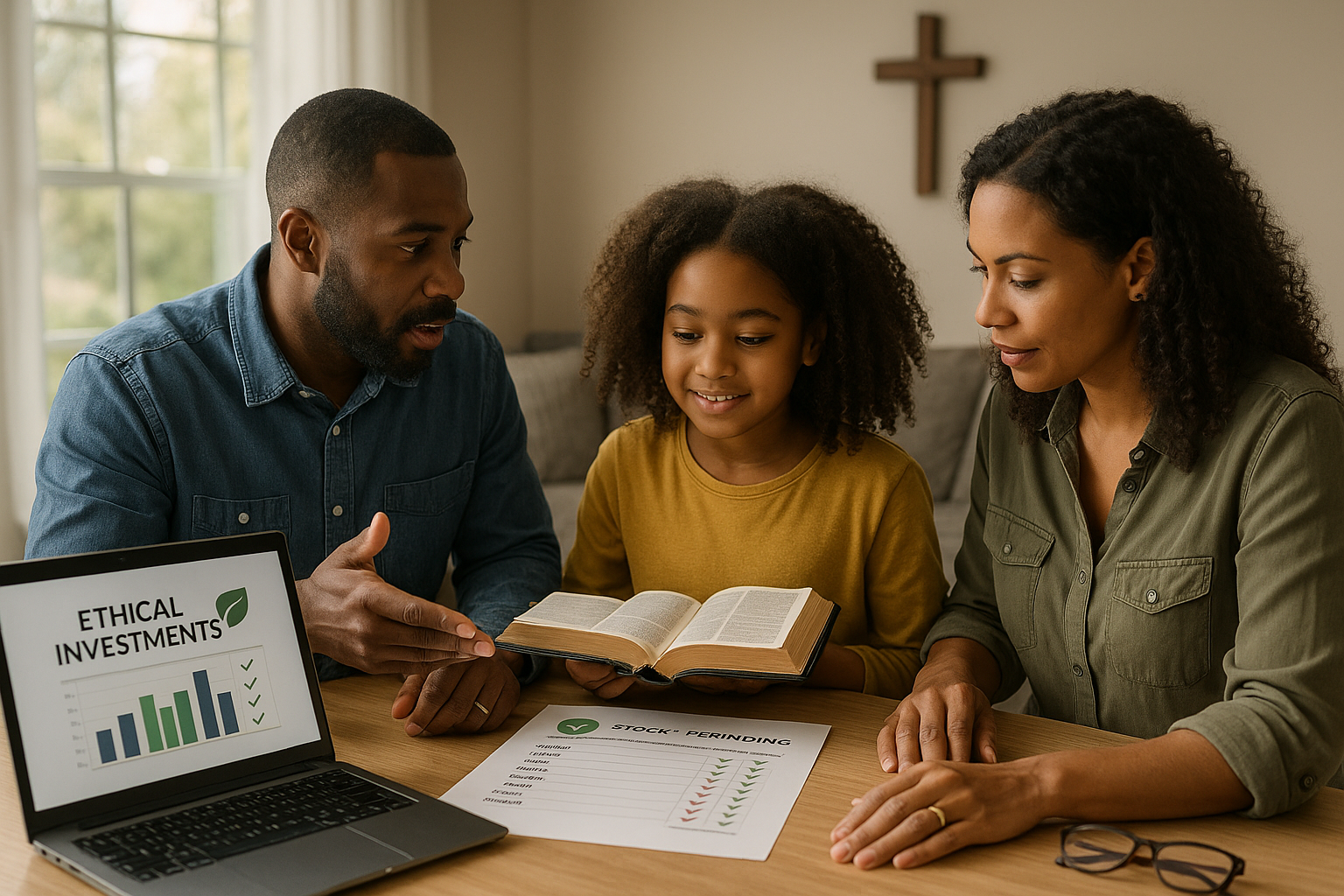 Christian family reviewing ethical investment portfolio