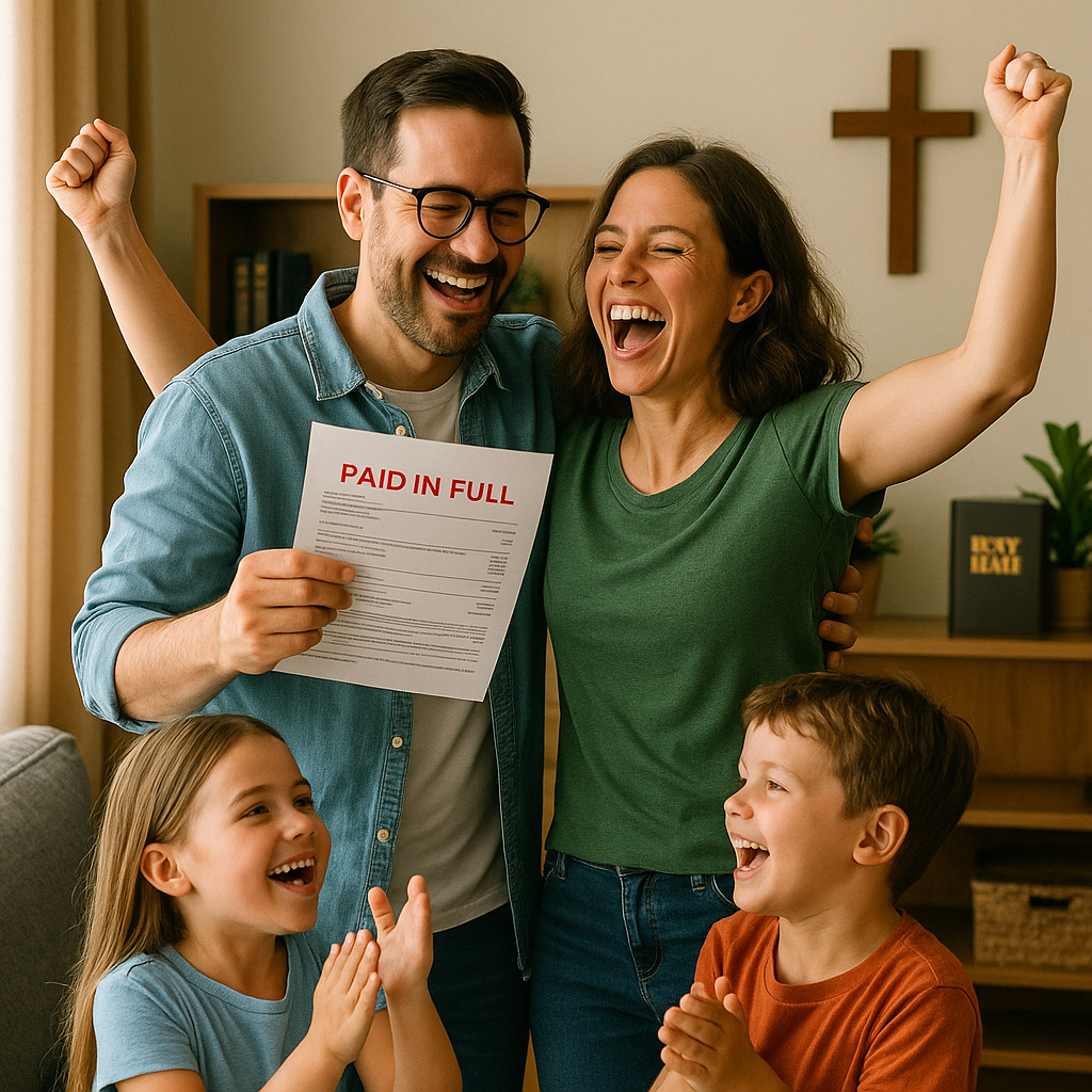 Christian family celebrating debt freedom breakthrough