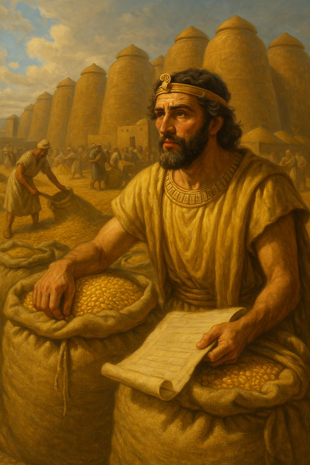 Joseph overseeing grain storage in ancient Egypt, representing biblical financial planning