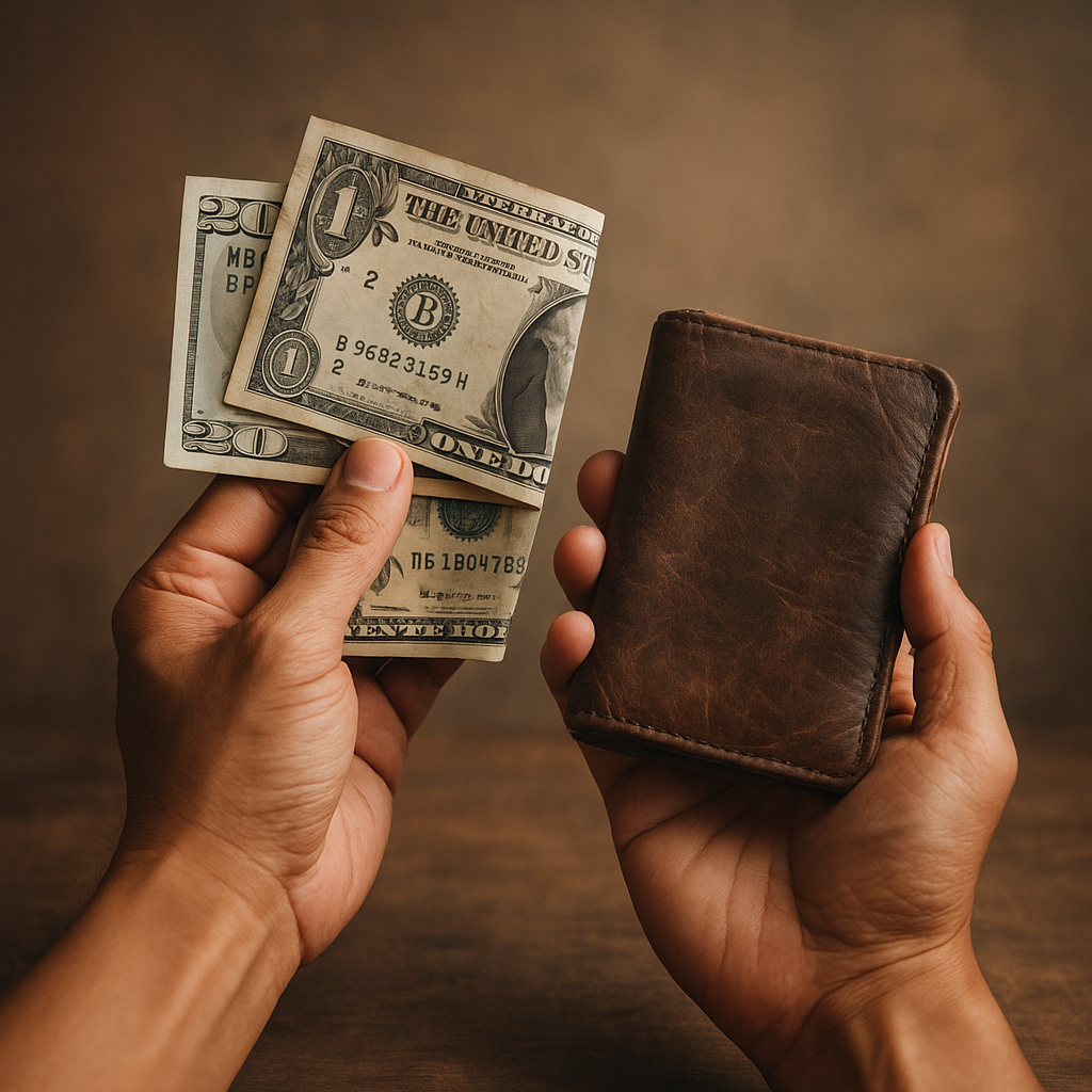 Hands holding money and possessions representing stewardship of God's resources