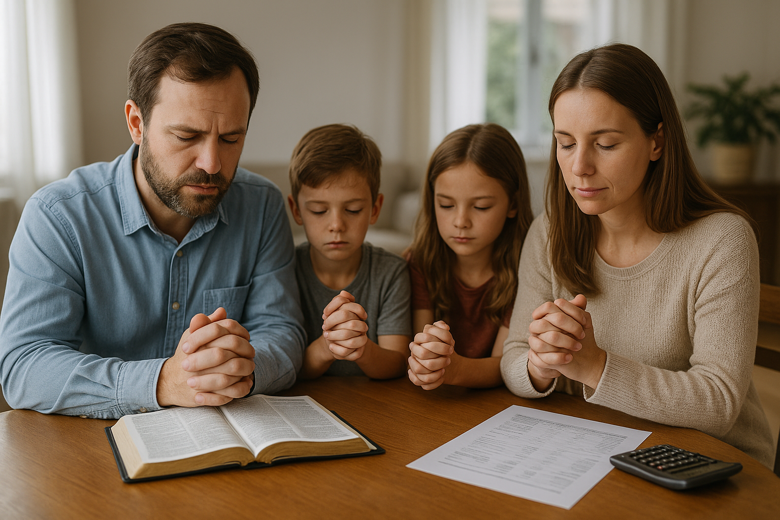 Ministry family praying together over finances, representing faith and financial planning in ministry