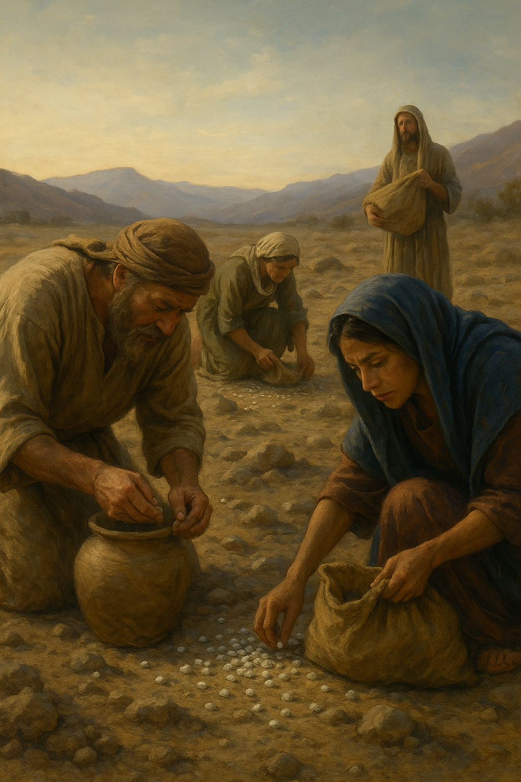 Israelites gathering manna in the wilderness, representing daily dependence on God's provision