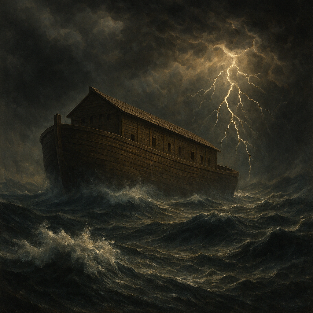 Noah's ark weathering a storm, representing financial preparedness for difficult times