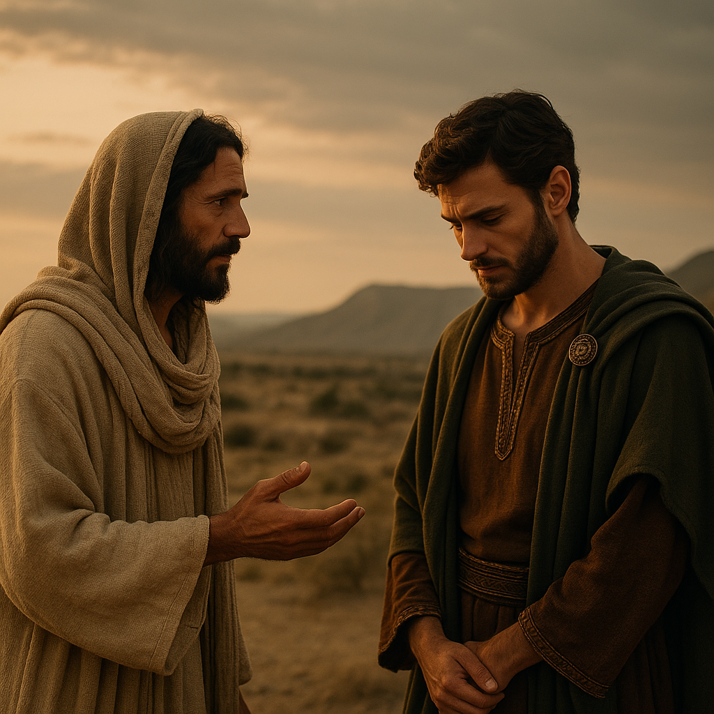 The rich young ruler walking away from Jesus, representing the choice between wealth and discipleship