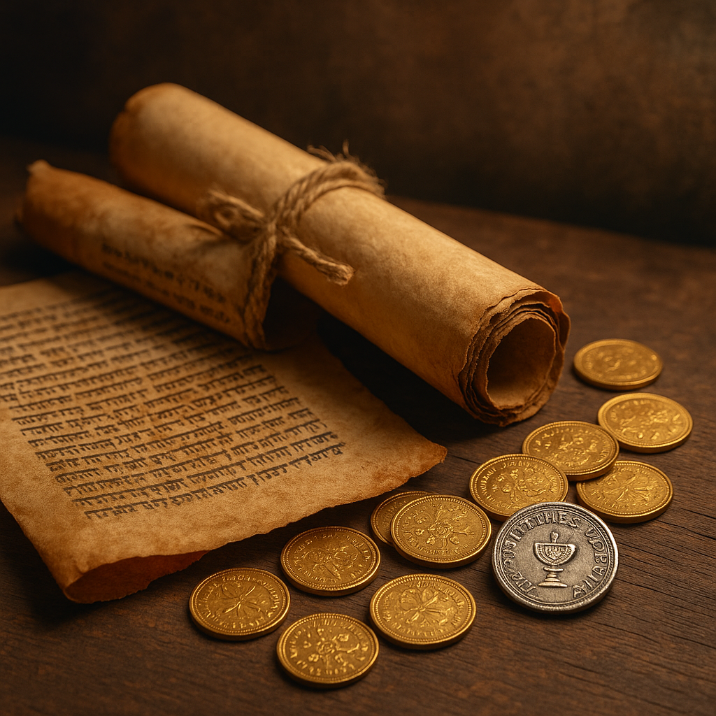 Ancient scrolls and coins representing Solomon's financial wisdom