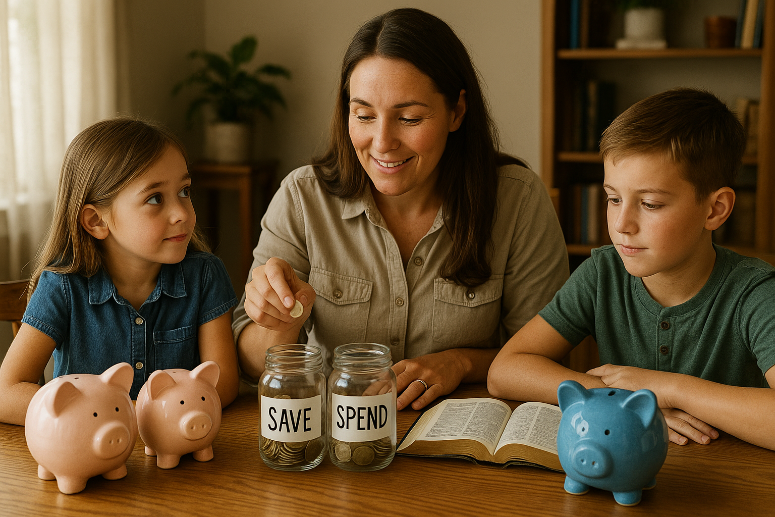 Christian parent teaching child about money with Bible open